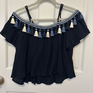 Tularosa Black Off-Shoulder Tassel Trim Crop Top